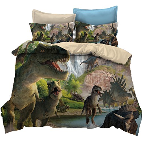 KTLRR Dinosaur Children's Bedding Set,Jurassic Age T-Rex Raptors Duvet Cover and Pillowcase Set,Kids Boys Bedroom Decoration Bed Set,Microfiber Fabric,No Comforter (Dinosaur, Queen 3pcs)