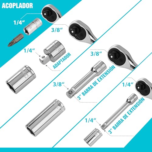 DURATECH 121 Piece Mechanics Tool Set, Socket Wrench Set, 1/4" and 3/8", 72 Tooth Ratchet Cr-V Steel, with Box, Includes Screwdriver and Bits