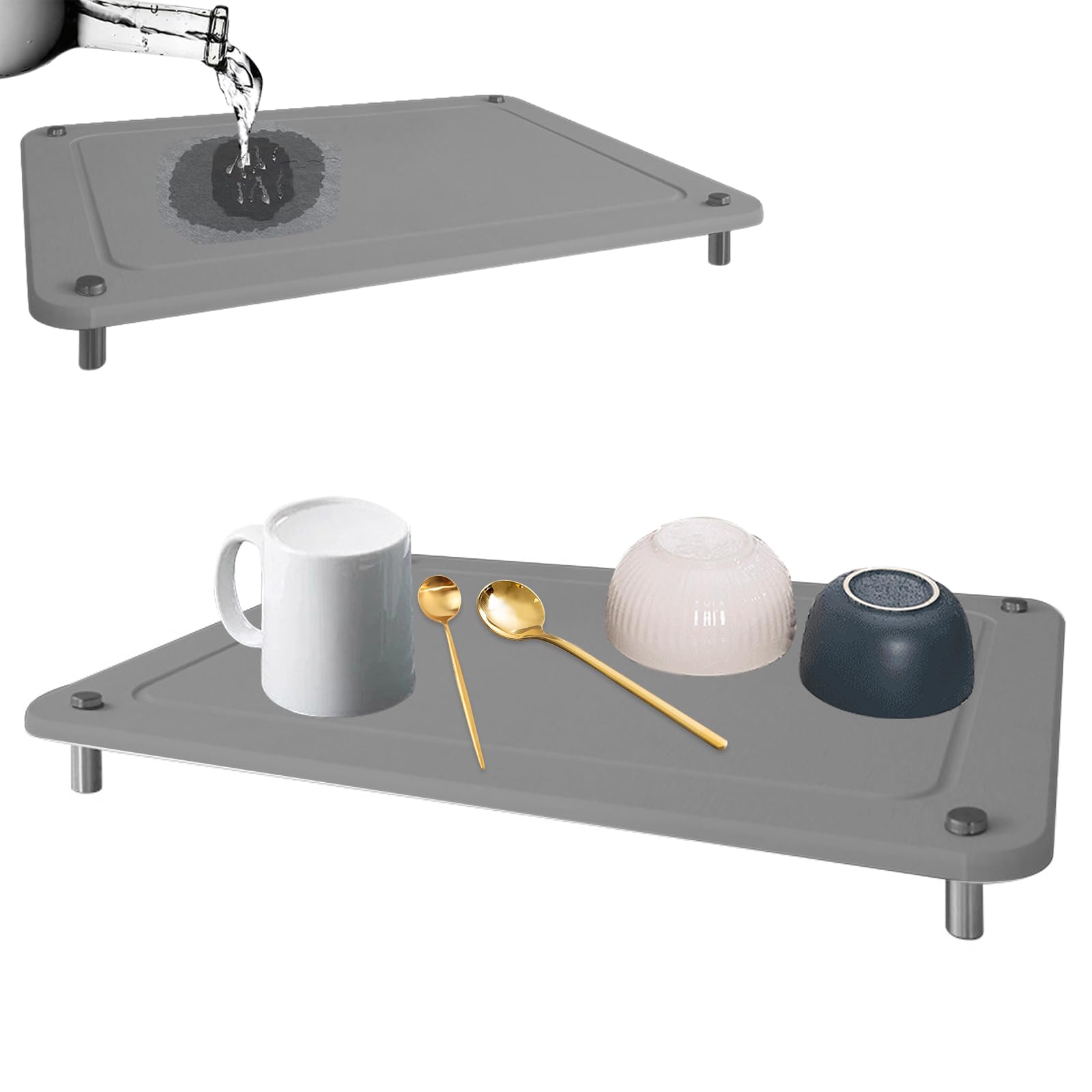 Diatomaceous Earth Kitchen, Stone Dish Drying Mat With Base Sink Caddy Instant, Instant Dry Kitchen Sink 15.7X11.8In Stone Drying Mat For Dishes, Quick Drying Stone Mat For Kitchen Counter (Grey)