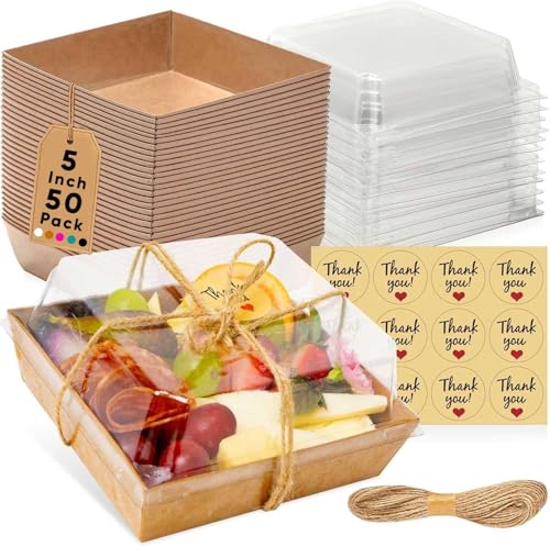 Photo 1 of **MISSING PARTS AND LIDS**
Leafiew 50 Pack Small Charcuterie Boxes with Clear Lids - To Go Paper Mini Charcuterie Box, Disposable Food Containers, 5Inch Dessert Boxes - Sandwich, Cookie, Sushi, Cake Slice, Strawberries (Brown)