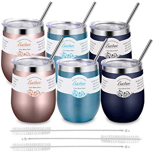 Bastwe 6 Pack Stainless Steel Stemless Wine Tumblers with Straw, 12 oz Double Wall Vacuum Insulated Wine Tumbler for Champagne, Cocktail, Beer, Coffee, Drinks (Navy Blue + Blue Gold + Rose Gold) - Thumbnail 7