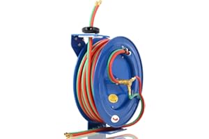 AMZOSS Welding Hose Reel Retractable 1/4 Inch x 100 Foot Twin Oxygen Acetylene Rubber Hoses STD Duty Max 200PSI Heavy Duty Industrial Single Arm Construction