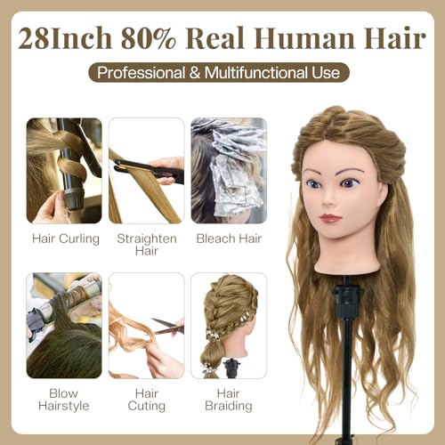 Neverland 28 Inch Professional Hairdressing Head, 80% Human Hair, Cosmetology Mannequin Doll for Salon with Stand + Hairdressing Tools Accessories Set (Blonde)