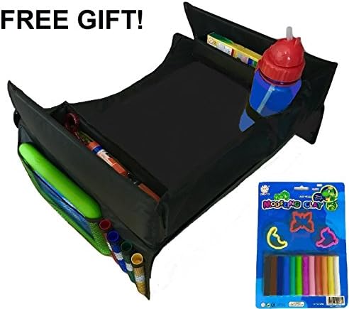 KIDS TRAVEL TRAY: On The Go Play Tray Car Seat Travel Tray Kids Play Tray Toddler Travel Activity Snack Tray for Cars, Strollers, Planes, Black &amp; Molding Clay Set with 3 piece Cutouts Free Gift!