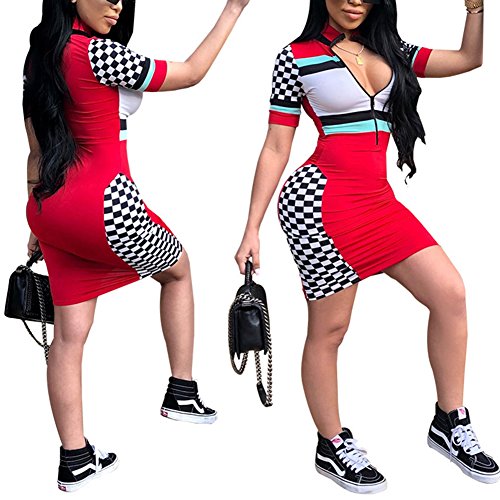 Kafiloe Women Casual Polo Neck Short Sleeve Front Zipper Bodycon Pencil Midi Dress Sexy Party Clubwear Red S