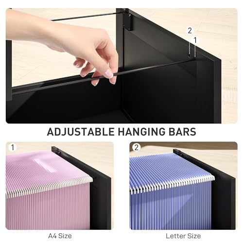 HOMCOM 2 Drawer File Cabinet with Lock, Vertical Filing Cabinet with Adjustable Hanging Bars for A4 and Letter Size File Folders, Printer Stand with Storage for Home Office, Black