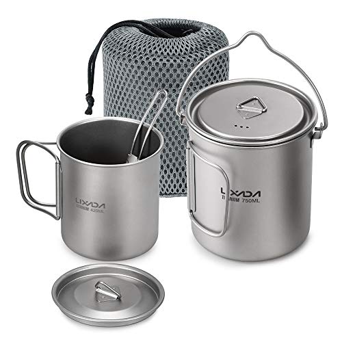 Lixada Camping Titanium Cookware Set,Partable Foldable Handles and with