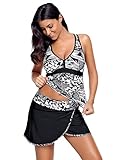 ACKKIA Women's Printed Two Pieces Tankini Wrap Skirt Skirtini Swimming Swimsuit Black and White Size X-Large (US 14-16)