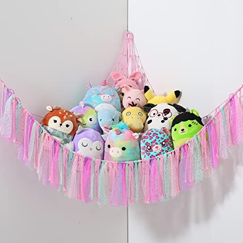 VISATOR Stuffed Animal Storage Macrame Boho Plush Toy Net Hammock For Stuffed Animals With Light