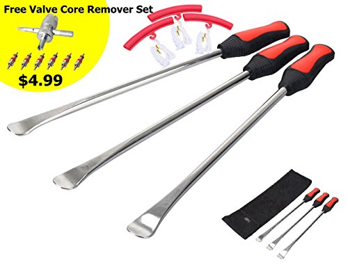 Dr.Roc 14.5 inch Perfect Leverage Tire Spoon Lever Iron Tool Kit Motorcycle Dirt Bike Lawn Mower Tire Changing Tool with Bag 3X Tire Spoons 3X Rim Protectors 1x Tire Valve Stems Set TR412 TR413