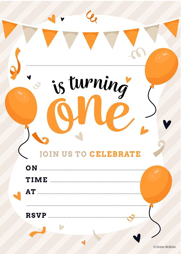Kirsten McMillan 32 Orange 1st Birthday Party Invitations for Kids with Envelopes - Pack of 32 Balloon Party Invites for Girls & Boys - Designed and Printed in the UK