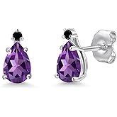 Gem Stone King 14K White Gold Purple Amethyst and Black Diamond Stud Earrings for Women | 0.77 Cttw | Gemstone February Birthstone | Pear Shape 6X4MM