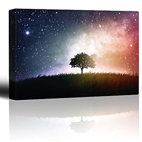 Lone Tree on a Green Field with a Blue and Red Galaxy Behind It - Canvas Art Home Art - 12x18 inches