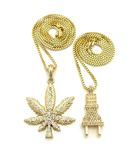 Fashion 21Hip Hop Paved Power Plug, Marijuana Leaf Pendant 24", 30" Box Chain 2 Necklace Set in Gold Tone