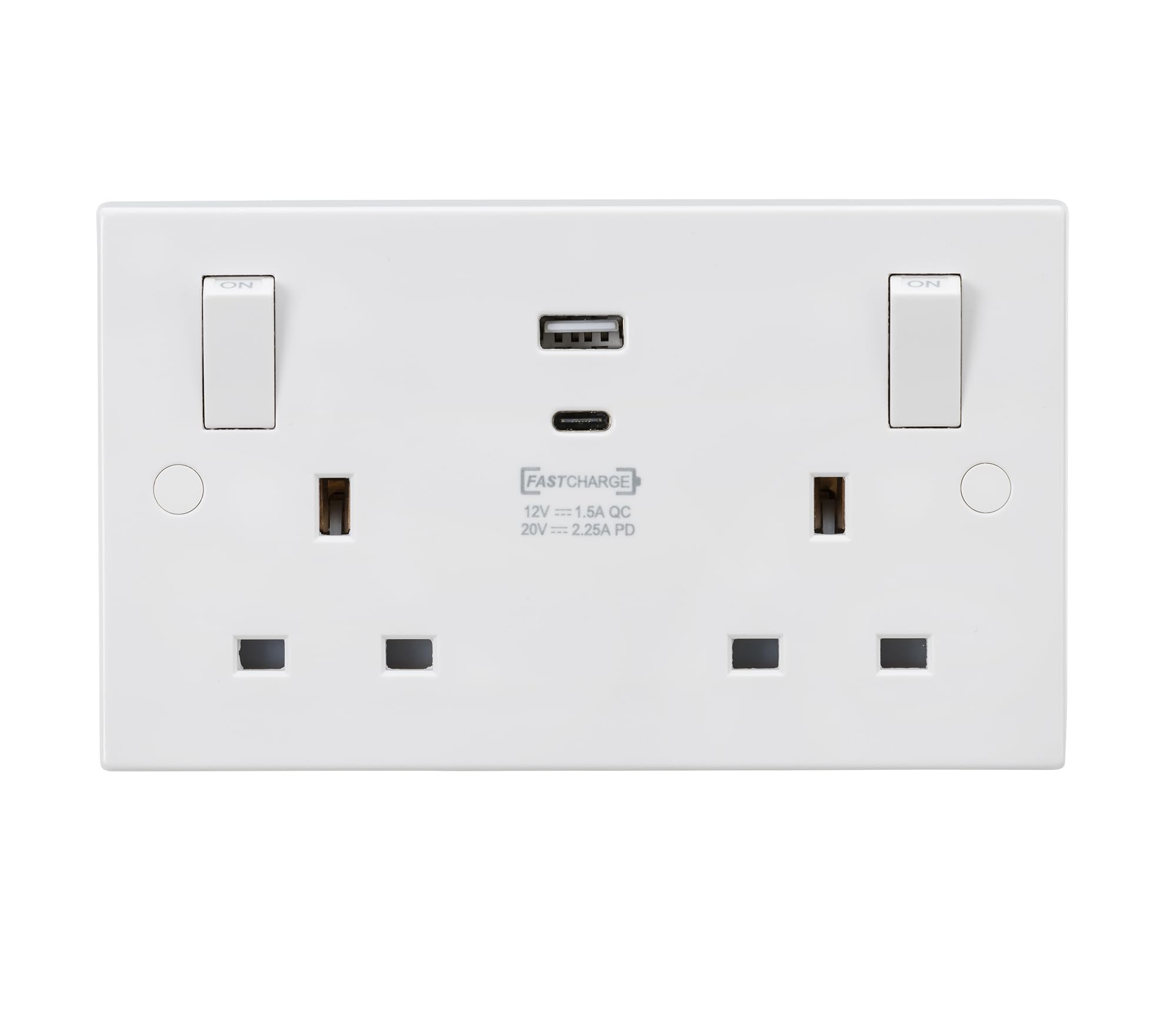 Knightsbridge Square Edge White 13A Double Switched Socket with Outboard Rockers and Dual USB (A+C) QC18W/ USB-PD 45W (SN9003)