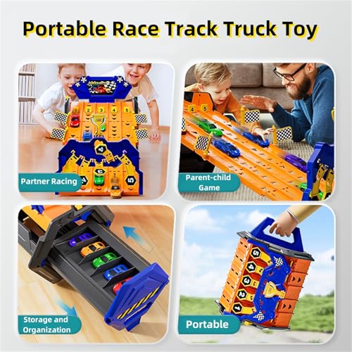 AM ANNA Toddler Toys for 3 4 5 6 Years Old Boys Birthday Gift, Portable Race Track Truck Toy Car with 5 Race Cars & 5 Tracks Transport, Best Gift Carrier Truck Vehicles Toys Set for Kids,Truck Car