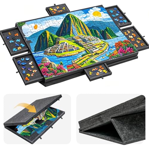 TRYXZSZ Mesa para Rompecabezas de Sintió 1500PCS, Tablero para Rompecabezas de Plegable, Puzzle Board Todo en Uno, con 6 Cajones y Cubierta, No Requiere Montaje, Ligero y Portátil