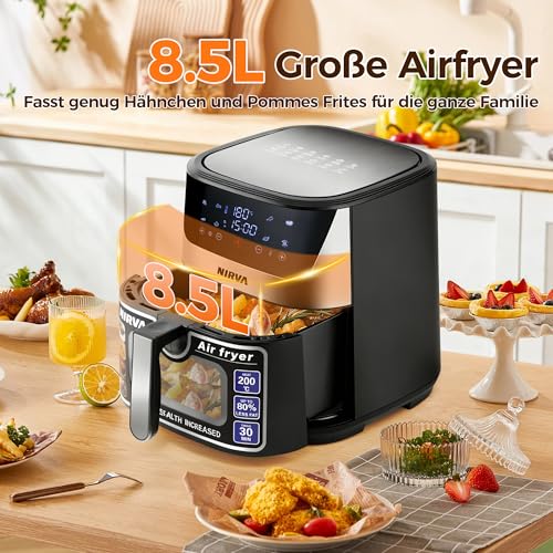 Nirva Hot Air Fryer 8.5 L, Oil-Free, 1700 W Large Airfryer, Roasting, Baking, Air Fry, Non-Stick Coating, Dishwasher Safe Basket, Viewing Window, Black/Stainless Steel, For Individuals or Families