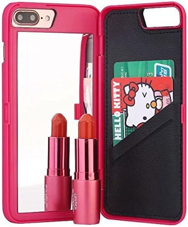 Smarmate Chic Women's Girl's Fashion Makeup Mirror Back Box Flip Case Cover with Card Slots for 5.5" iPhone 7 Plus (Rose Red)