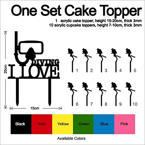 TC0123 I Love Diving Snorkel Party Wedding Birthday Acrylic Cake Topper Cupcake Toppers Decor Set 11 pcs