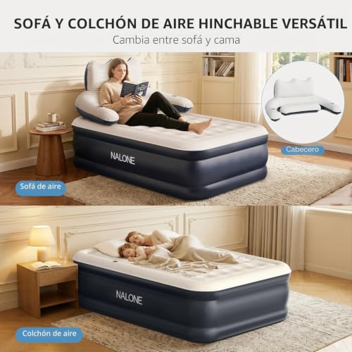 NALONE Inflatable Mattress with Integrated Pump & Integrated Backrest, 2 Seater Inflatable Mattress, Self-Inflating Inflatable Bed for Camping and Home, 195 x 142 x 45 cm (Full) | Self-inflating inflatable bed with built-in headboard, for home and camping, comfortable and compact