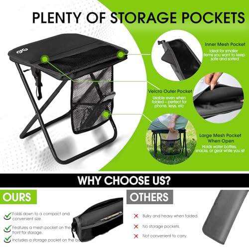 CAMDOOR Portable Collapsible Stool, 16″Folding Stool with 3 Side Pockets and Shoulder Strap, Extra Large Camping Chair Supports 400 lbs, Ultralight Portable Seat for Outdoor, Hiking, Fishing