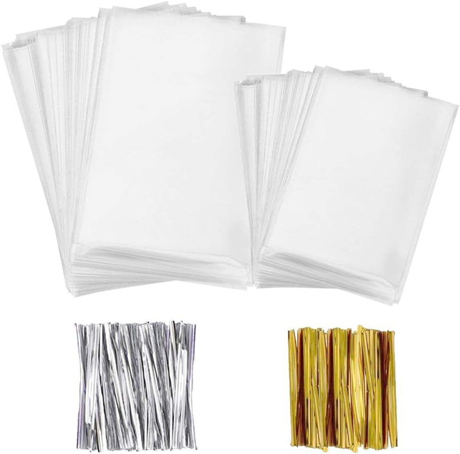 200pcs Clear Treat Bags, Cellophane Bags and Twist Ties Party Favor Clear Cello Bags 2 Size Thick OPP Plastic Bags for Wedding Cookie Candy Gift Valentine Chocolates Party Buffet Supplies