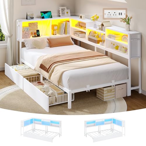 Hasuit Twin Corner Daybed,Bookcase Headboard,2 Drawers,LED & Charger,White
