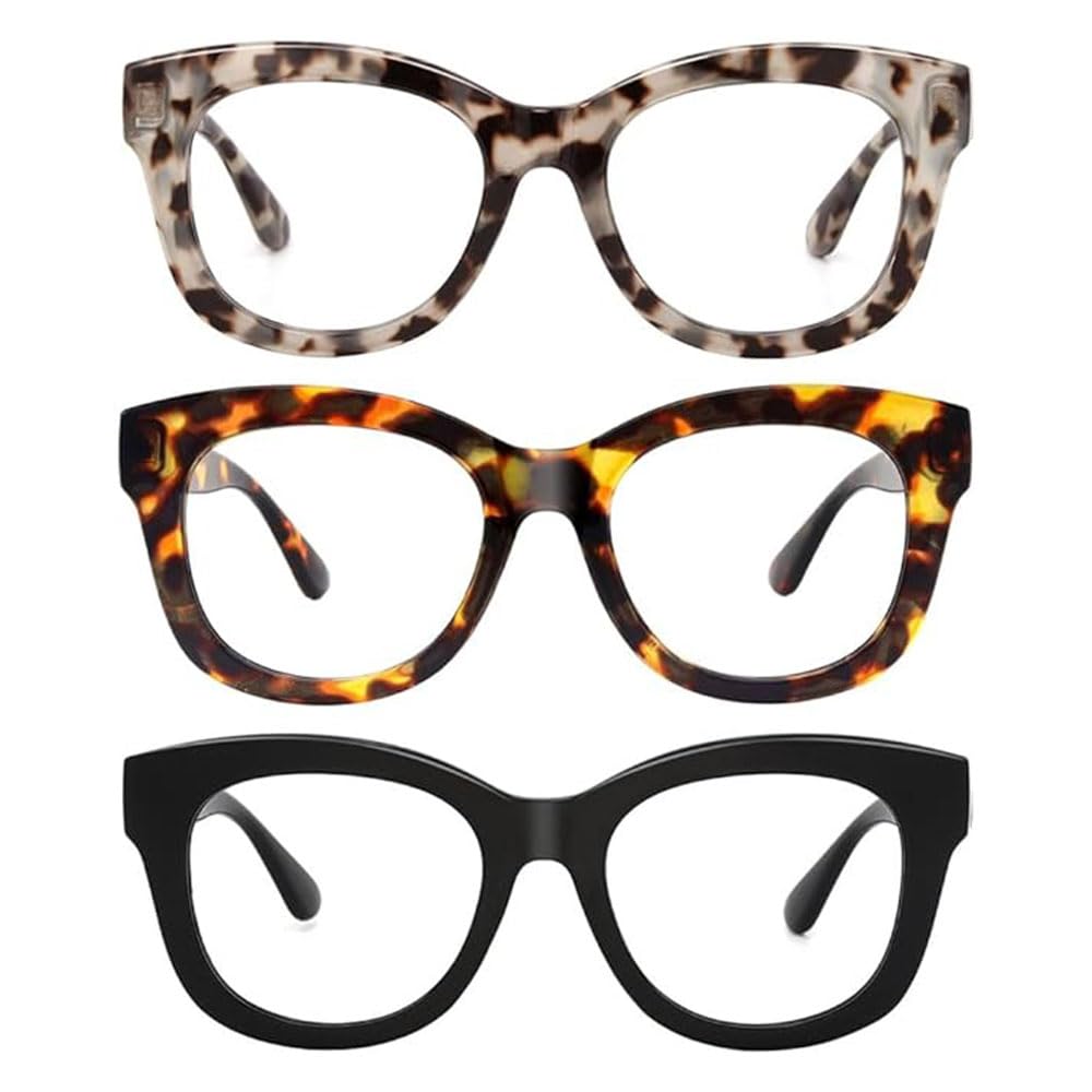 JiSoo 3 Pack Reading Glasses 1.75 Women/Men Designer Oversized Readers, Thick Large Round Ladies Reading Glasses 1.75, Demi Grey+ Tortoise+Black — image 1