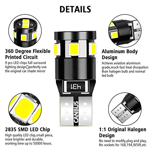 image for Audew 10 pcs 194 LED Bulb 6000K Super Bright T10 194 168 W5W LED Light