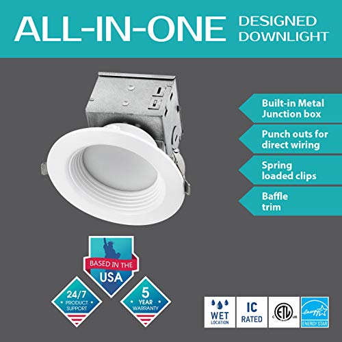 LUXTER (12 Pack) 4 inch LED Ceiling Recessed Downlight With Junction Box, LED Canless Downlight, Baffle Trim, Dimmable, IC Rated, 10W(75Watt Repl) 5000K 750Lm Wet Location ETL and Energy Star Listed