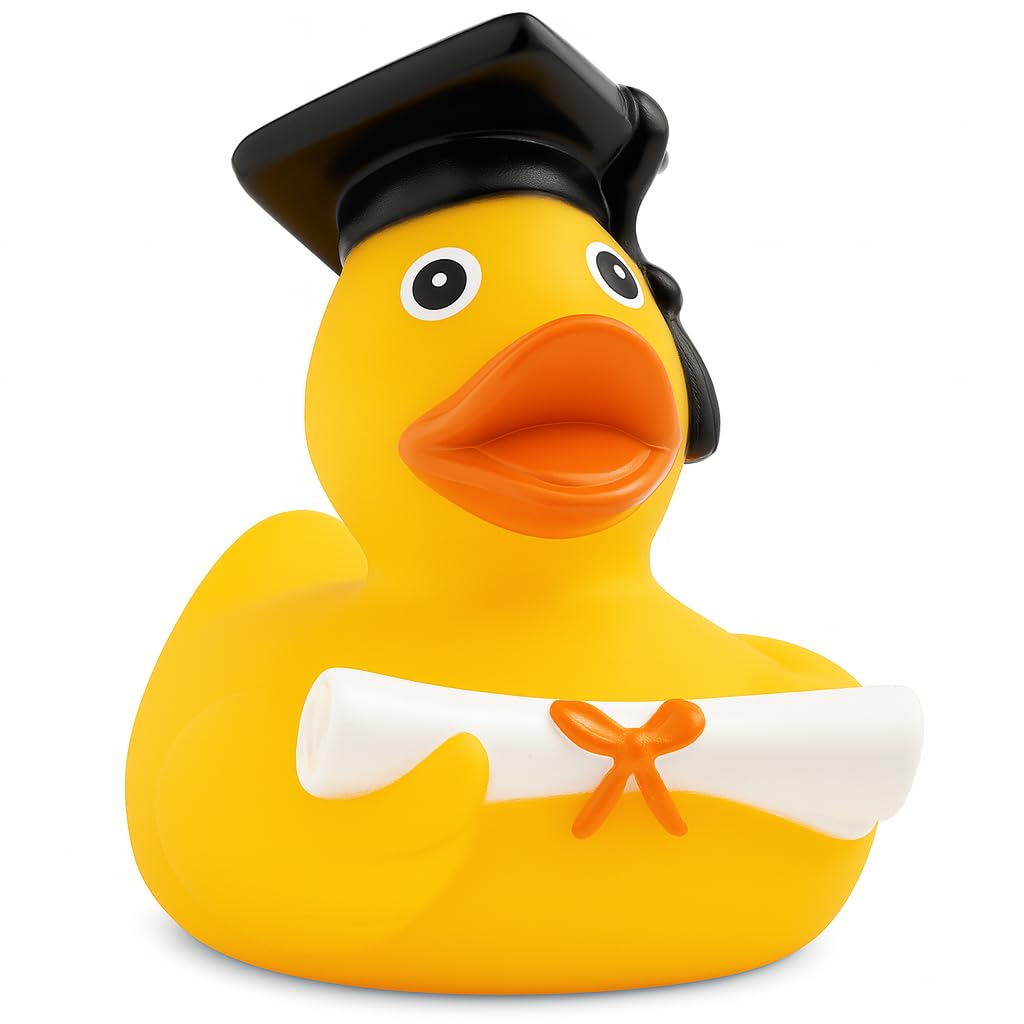 MC-Trend Yellow Academic Bath Duck - Rubber, Small, Graduation Theme, Latex-Free, Ages 3+ - with Diploma and Graduation Hat