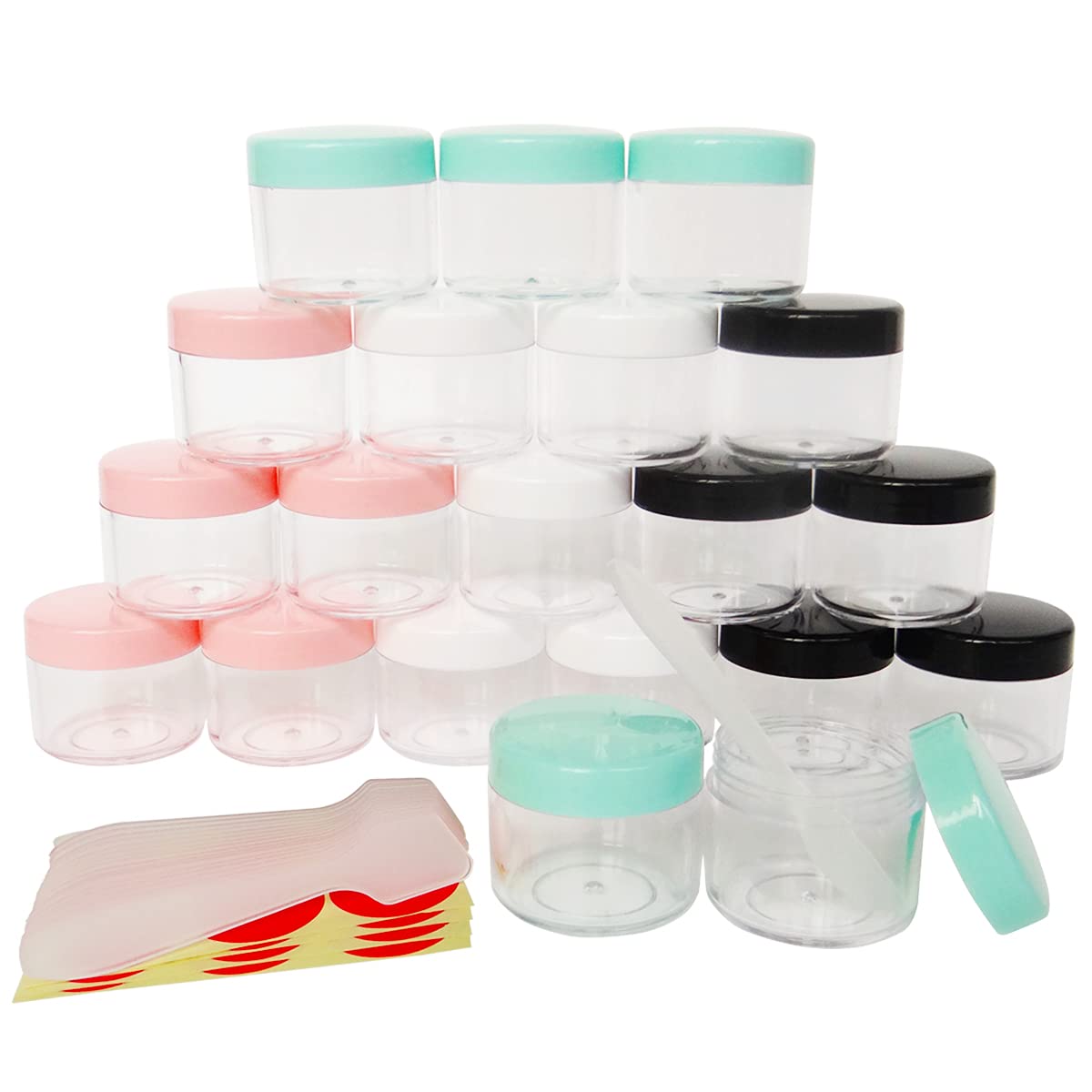 Wopanxye 20pcs 20ml Small Sample Jars, 20g Multi-color Empty Refillable Cosmetic Container, Plastic Round Pot Screw Cap, 20g Travel Bottles for Makeup Eye-shadow Nails Lip Gloss Balms, Extra Spatulas