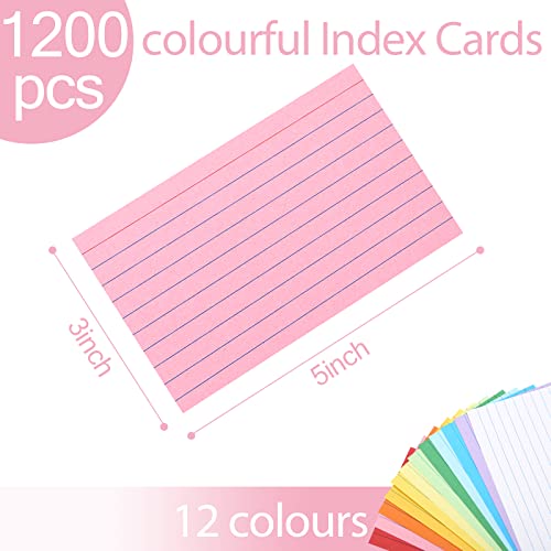 Koogel 1200PCS Colored Index Cards, Flash Cards 12 Neon Colors 3x5 Inch Study Cards with One Ruled Side One Blank Side for School Office Learning Note Taking