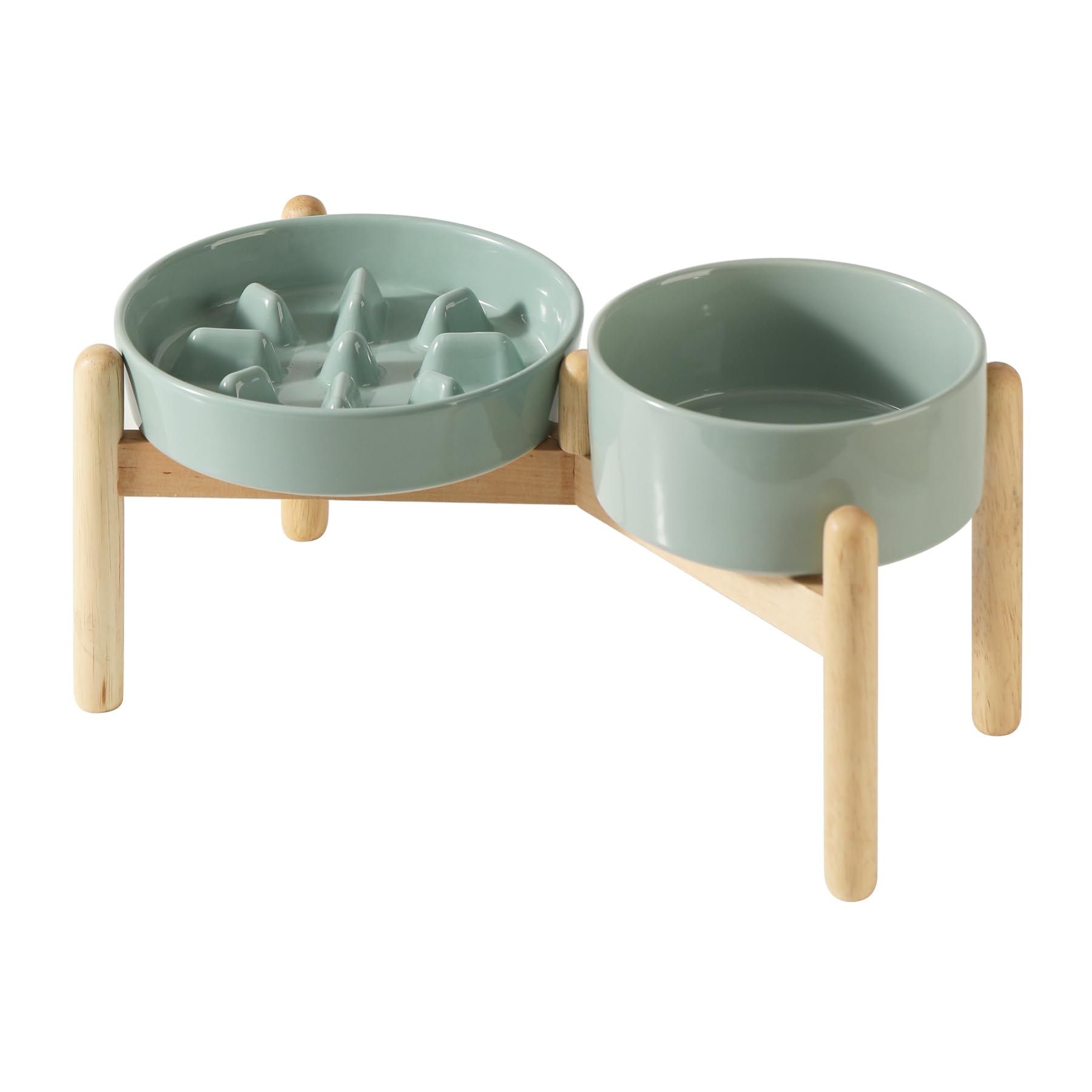 Photo 1 of Havniva Ceramic Raised Slow Feeder Dog Bowl Set, Elevated 6.1inch Bowl and 7.3inch Slow Pet Food Dish with Wooden Stand for Small and Medium Dog (2 x Light Green+ Stand)