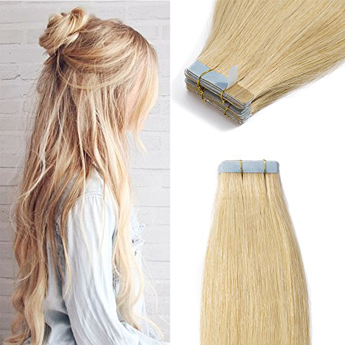 Tape in Hair Extensions Human Hair Full Head 40 pcs Straight Skin Weft Real Remy Hair Extension (24 inches 100g, 40pcs/set, 24 Natural Blonde)