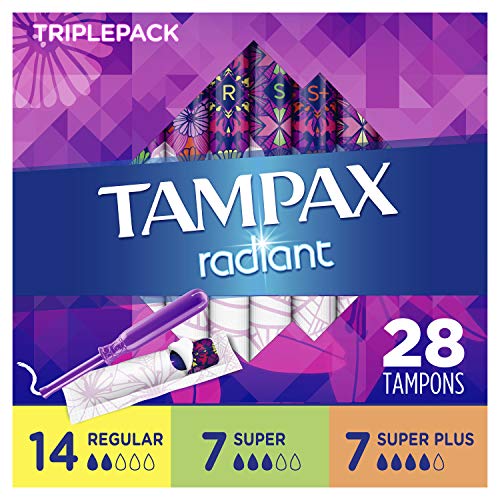 TAMPAX RADIANT TAMPONS TRIO PACK REGULAR/SUPER/SUPER PLUS ABSORBENCY, UNSCENTED, 28 COUNT