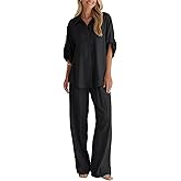 BWQ Womens linen 2 Piece Outfits Long Sleeve Button Down Shirt Wide Leg Pants Lounge Set S-2xl