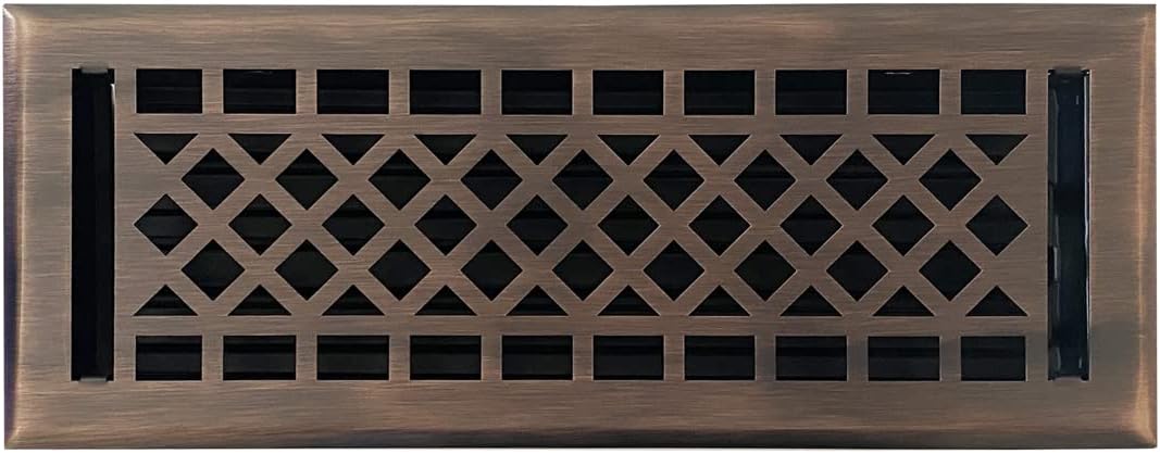 Registers, Grilles & Vents - Empire Register Co, Vent Cover - 4x12 inch, Art & Craft Design, Antique Copper Finish, Heavy Duty Floor Vent Covers, Metal Damper Attached. Vent Covers for Home Floor only.