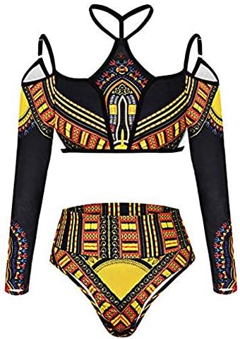 Zooart Women Off Shoulder African Print Sexy Bikini Sets Long Sleeve High Waist Bathing Suit