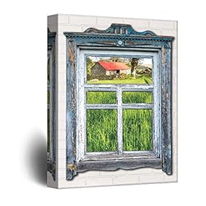 Canvas Wall Art Rustic View Through Vintage Window Theme Painting Artwork for Home Prints Framed - 12x18 inches