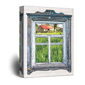 Rustic View Through Vintage Window Theme Painting Artwork...
