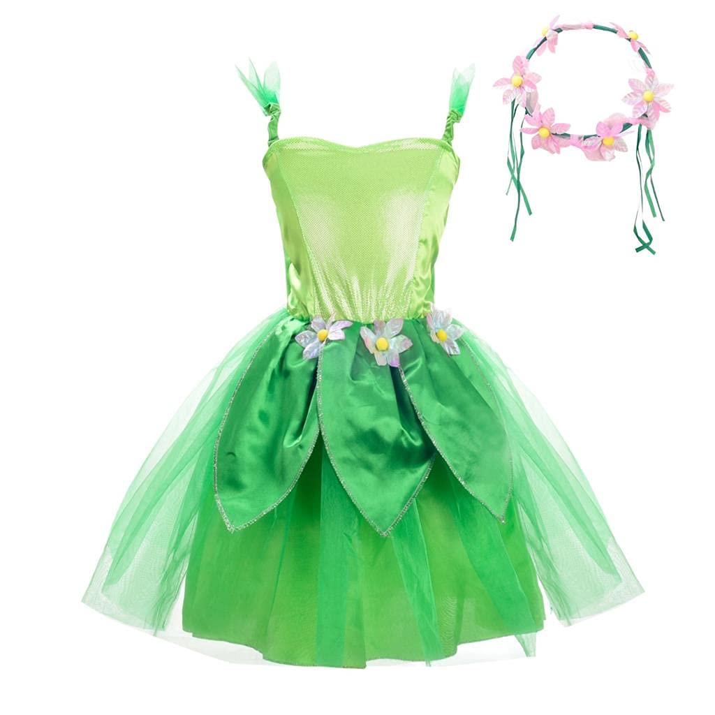 Lito Angels Tinkerbell Costume for Girls Kids Fancy Dress Up Birthday Summer Party Outfits with Flower Wreath Headband Age 8-10 Years, XL