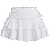 PRSFPN Women's Y2k Mini Ruffle Skirts with Shorts Tiered Layers Cute Elastic Waist Coquette Skort Drawstring Side Bow Tie