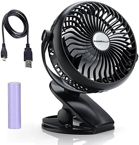 Battery Operated Clip on USB Rechargeable Fan, Sooreally Mini Fan with 360 Degree Rotation, 2200mAh Explosion-proof Battery, Silent Motor for Baby Stroller, Camping, BBQ