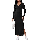 Women's Casual Long Sleeve Collar V Neck Maxi Sweater Dress Sexy Slit Thigh Ribbed Knit Bodycon Pencil Dresses