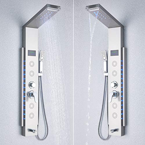 Rozin LED Light Deco 5-Function Shower Panel Waterfall Rain Shower Head + Body Massage Jets + Hand Spray + Tub Tap Brushed Nickel - Thumbnail 2