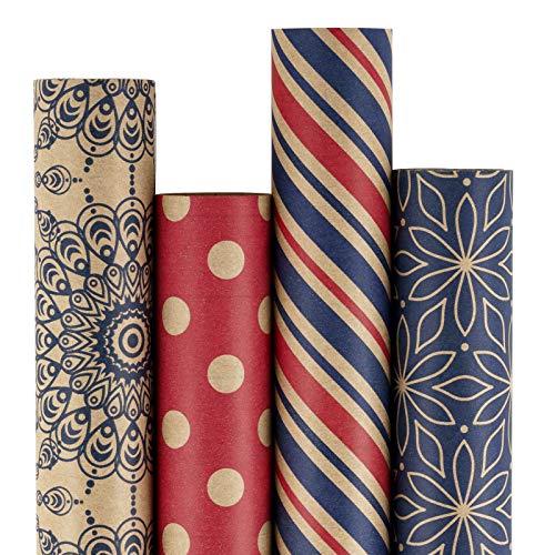 RUSPEPA Wrapping Paper Kraft Paper - Navy Blue and Red Daily Wrap Design - 4 Rolls - 30 inches x 10 feet per Roll