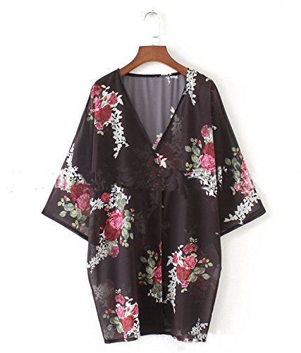 Women Floral Loose Kimono Chiffon Coat Cardigan Boho New Jacket Blouse (2XL, Grey)