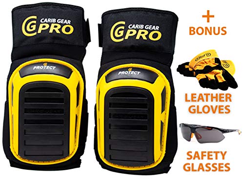 Knee Pads For Work- Heavy Duty Construction Gel knee Pads Best Tool for Tiling, Gardening, Flooring, Cleaning, Comfortable Foam Cushion, Stretchable Anti-Slip Thigh Straps with Safety Glasses & Gloves